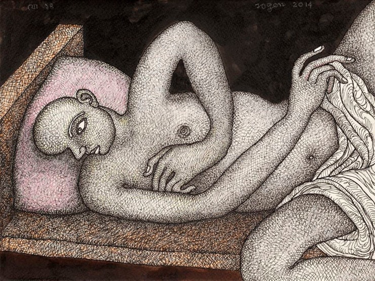 Jogen Chowdhury Man Lying on a Khat, 2014 Pen & Ink, Coloured Pencil and Oil Pastel on Paper 9" x 12"