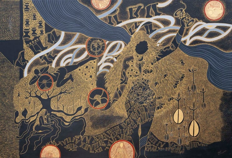 Seema Kohli Heartbeat of the Universe, Diptych, 2023 Acrylic colour and ink on canvas with 24 ct gold and silver leaf 48 x 72 in. 121.9 x 182.9 cm