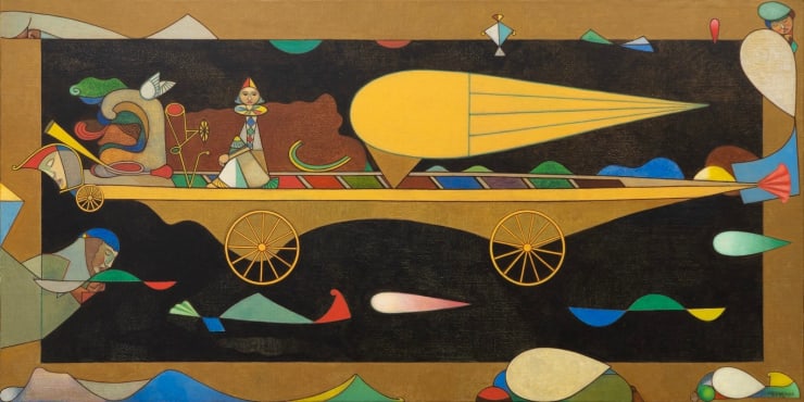 Neeraj Goswami VIMANA- The Flying Chariot, 2025 Acrylic on Canvas 36 x 72 in. 91.4 x 182.9 cm