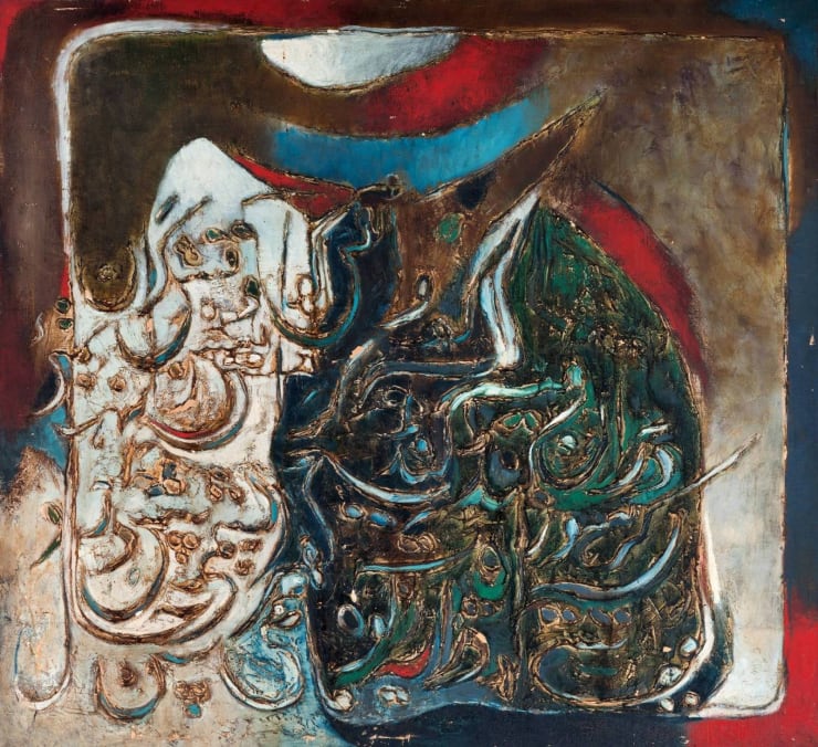 GR Santosh Untitled (Spiritual Calligraphy series), 1955-56 Oil and wax on Canvas 51" x 47"