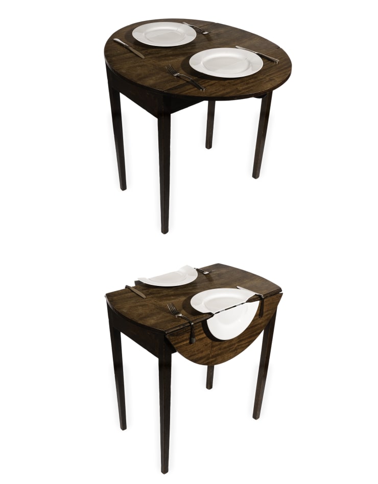 Icy and Sot Socialism vs Capitalism, 2020 Antique Wooden Folding Table, Plates, Fork, Knives And Hinges Open: 68.5 x 82 x 68.5 cm, Closed: 68.5 x 38.3 x 68.5 cm