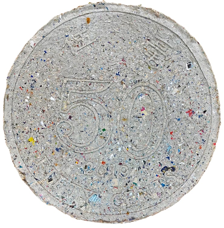 Go Hung 1kg~dp~, 2019 Cast sculpture, Newspaper pulp 62 cm (diameter) x 2.2 cm (height) Edition 8 of 25