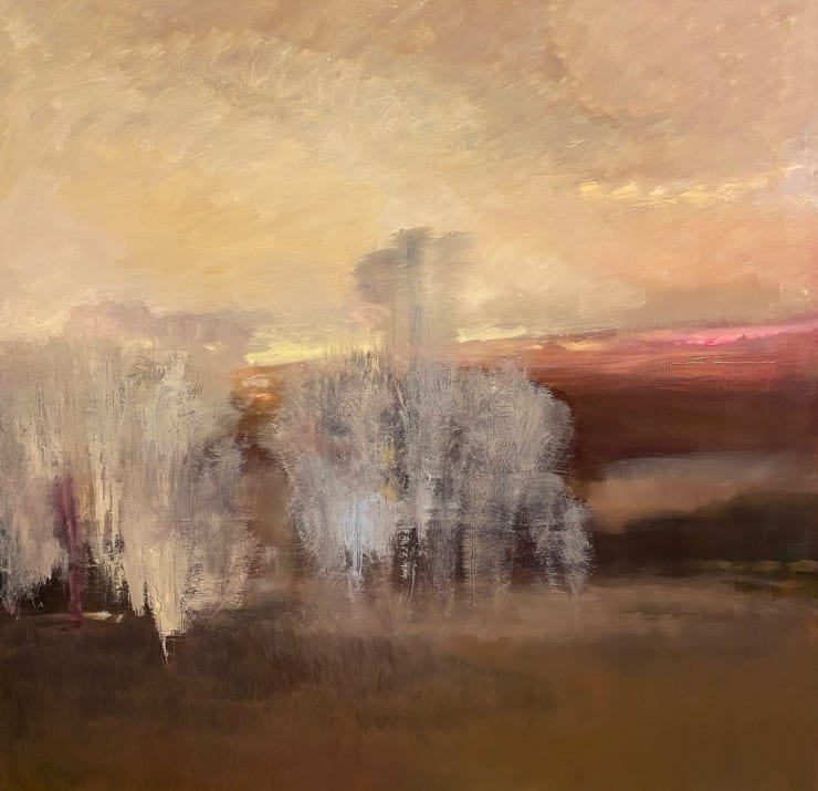 "Cottonwoods" an abstract landscape oil painting by Slate Gray Gallery Artist Sylvia Benitez