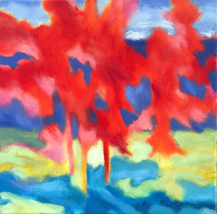 "Red Trio", an abstract forest landscape oil painting by Slate Gray Gallery Artist Marshall Noice