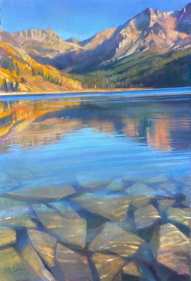 Pastel Painting by Slate gray gallery artist bruce gomez of trout lake with mountains in the background