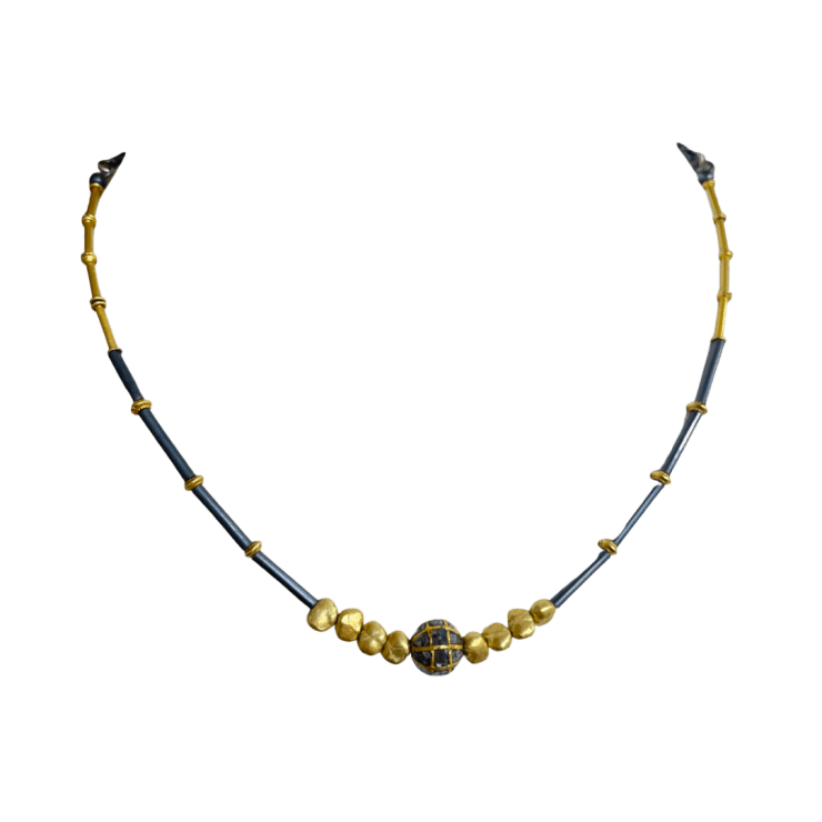 Black Diamond and Gold bead Necklace by Fringe Gallery studio jeweler Maria Lightfoot