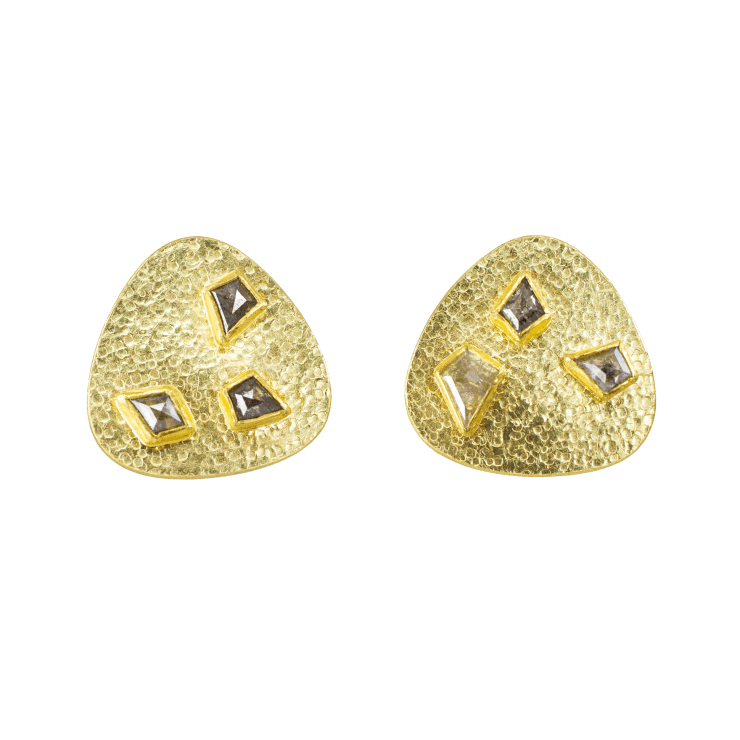 22k yellow gold earrings with kite shaped diamonds by Fringe Gallery studio jeweler Petra Class
