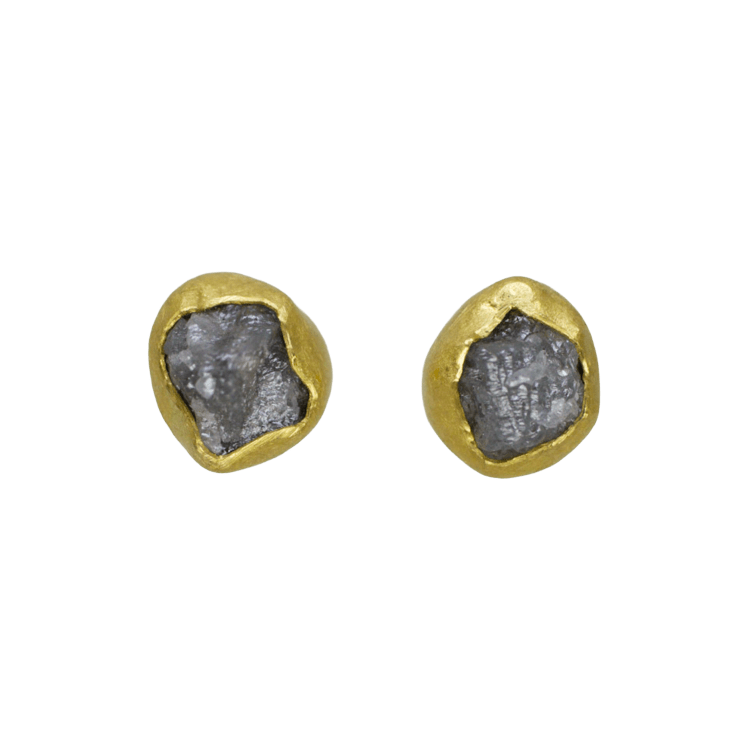 18k and 22k yellow gold stud earrings with rough diamonds by Fringe Gallery studio jeweler Petra Class