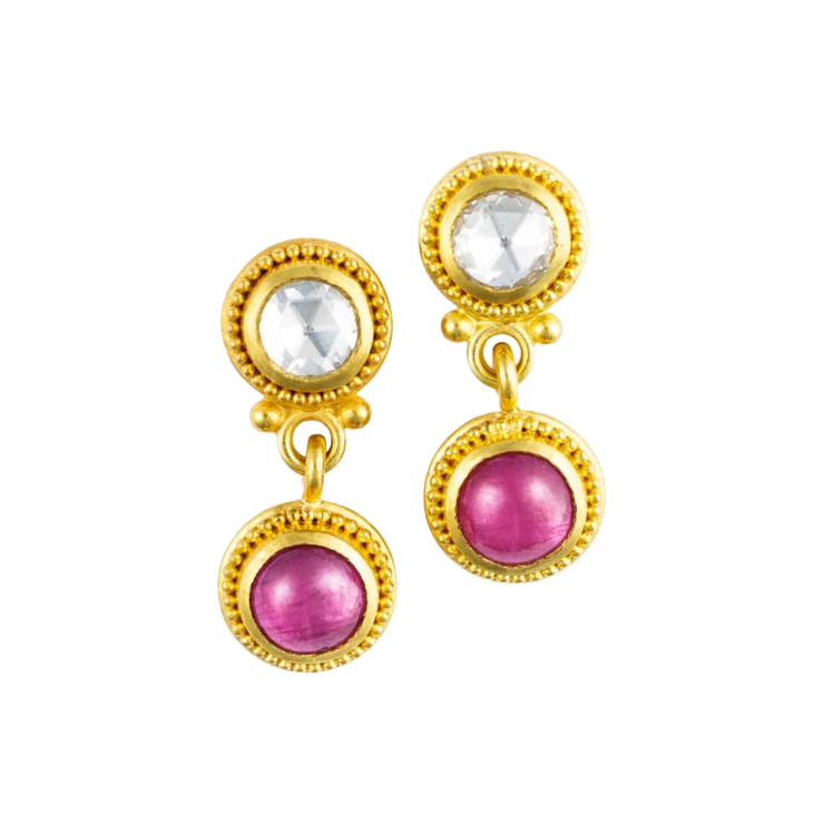 22k and 20k yellow gold with rose cut diamonds and pink ruby cabochon earrings with granulation by Fringe Gallery studio jeweler Nanci Modica