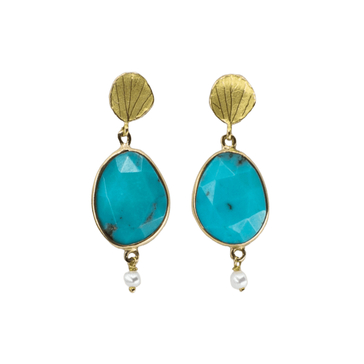 Turquoise earrings with 18kt gold petal tops and 2.5mm freshwater pearl drops by Fringe Gallery studio jeweler Barbara Heinrich