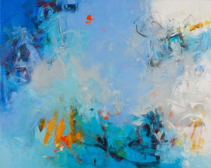 Abstract oil painting with blues, whites, oranges, and grays by slate gray gallery artist Karen Scharer