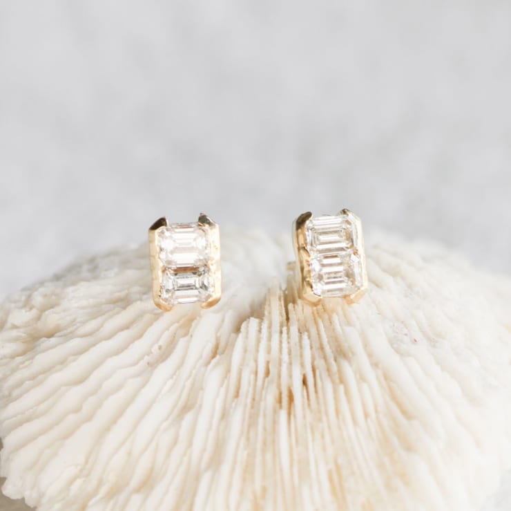 14k yellow gold, emerald cut duet diamond studs by Fringe Gallery studio jeweler Jane Pope