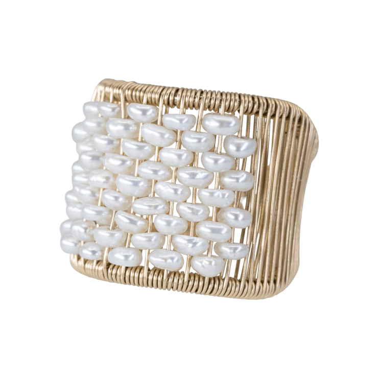 Gold ring with plaited pearls by Fringe Gallery studio jeweler Tana Acton