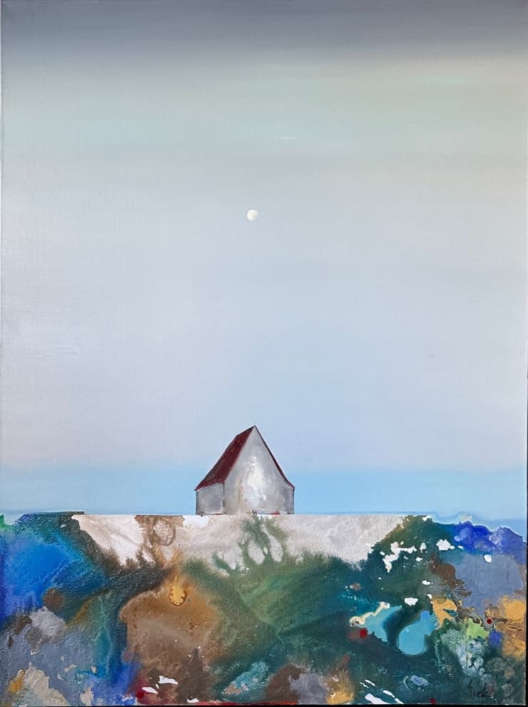 "This Is Happiness" an oil, mixed media, and sand painting of a house on an abstract landscape by slate gray gallery artist Marketa Sivek