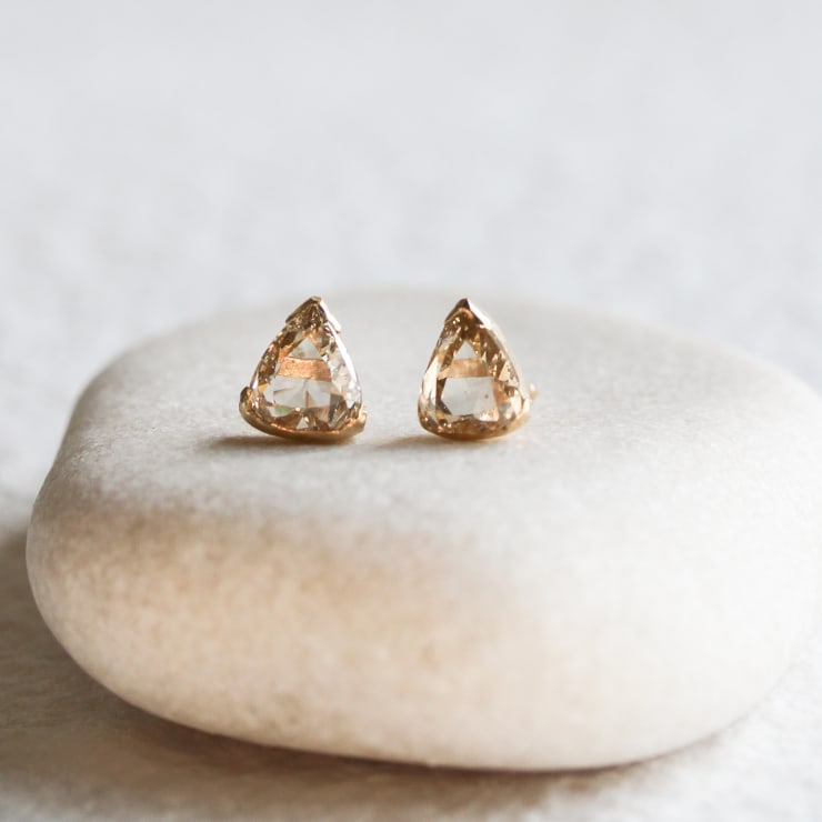 14k yellow gold, partial bezel set rose cut pear diamond studs by Fringe Gallery studio jeweler Jane Pope