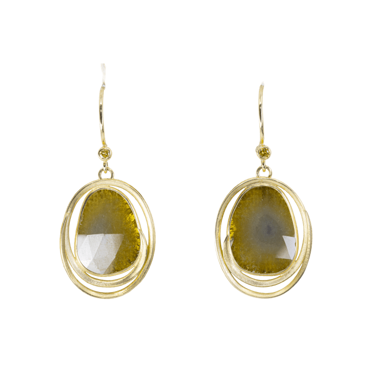 Bezel wrapped natural diamond rose cut drop earrings, framed in 18k yellow gold swirls by Fringe Gallery studio jeweler Barbara Heinrich