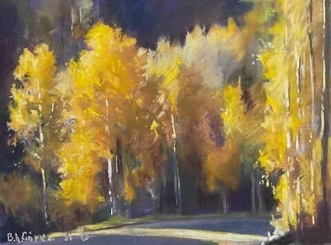 Pastel painting of yellow trees by slate gray gallery artist Bruce A Gomez
