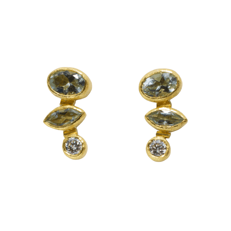 22k and 18k yellow gold earrings with faceted oval and marquise shaped aquamarine and a bezel set diamond by Fringe Gallery studio jeweler Petra Class