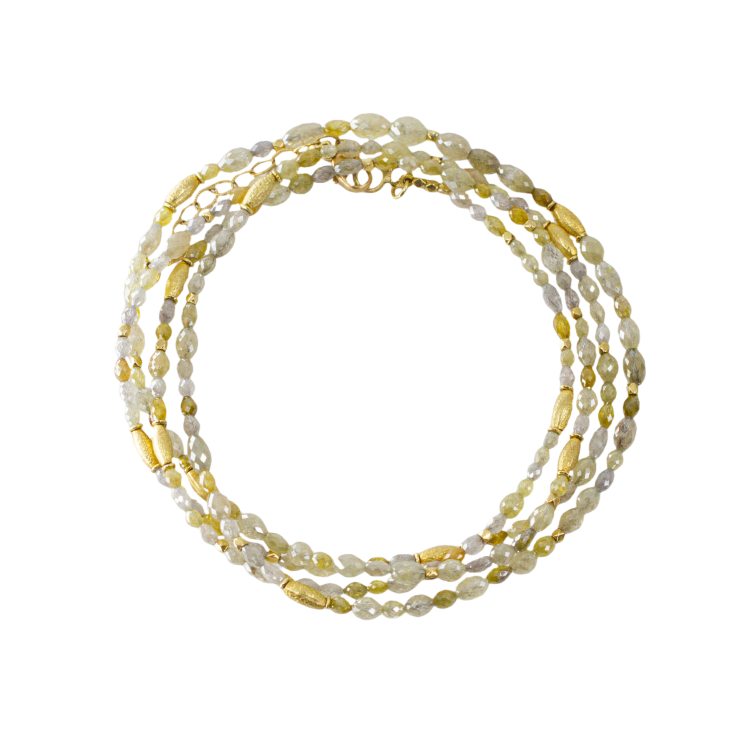 Long beaded necklace with natural color diamond beads and 18k gold beads by Fringe Gallery studio jeweler Barbara Heinrich
