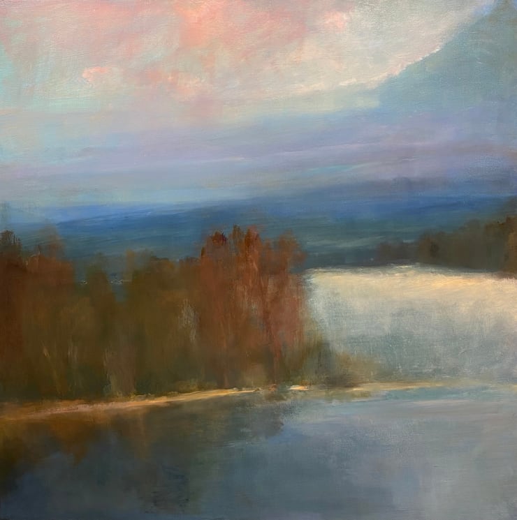 Pink Sky River Blues, an oil landscape painting by slate gray gallery artist Sylvia Benitez