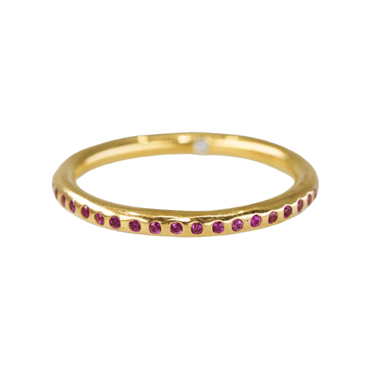 20k yellow gold eternity ring band with 45 pink sapphires by Fringe Gallery studio jeweler Nanci Modica