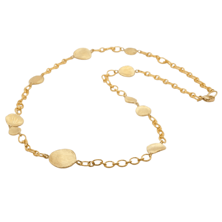 18k yellow gold petal and chain necklace by Fringe Gallery studio jeweler Brarbara Heinrich