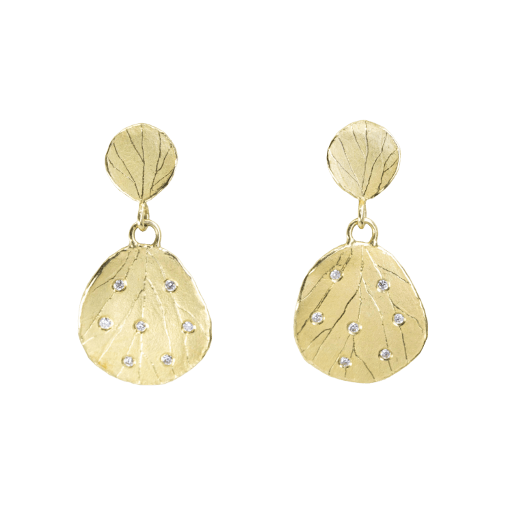 18k yellow gold leaf drop earrings with diamonds by Fringe Gallery studio jeweler Barbara Heinrich