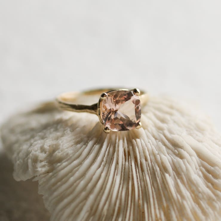 14k yellow gold cushion cut morganite ring by Fringe Gallery studio jeweler Jane Pope