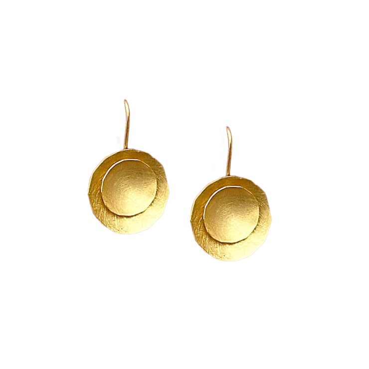 22k and 18k yellow gold double bowl disc earrings by Fringe Gallery studio jeweler Petra Class