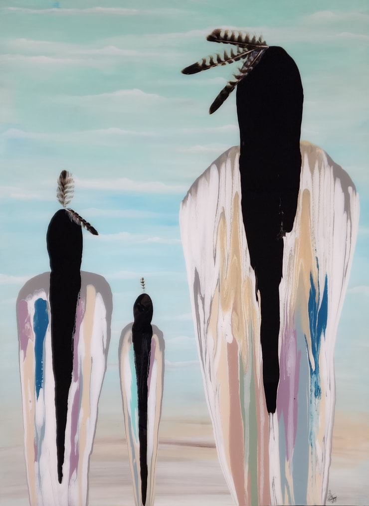 "Turkey Tribe" an abstract view of native americans walking off in the distance made with acrylic, resin, and feathers on canvas by slate gray gallery artist Fran J Nagy