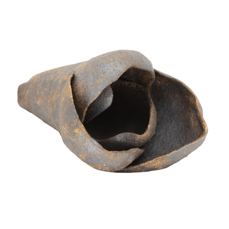 Ceramic gray flower bud with rust colored marks throughout by Fringe Gallery artist Dana Flores