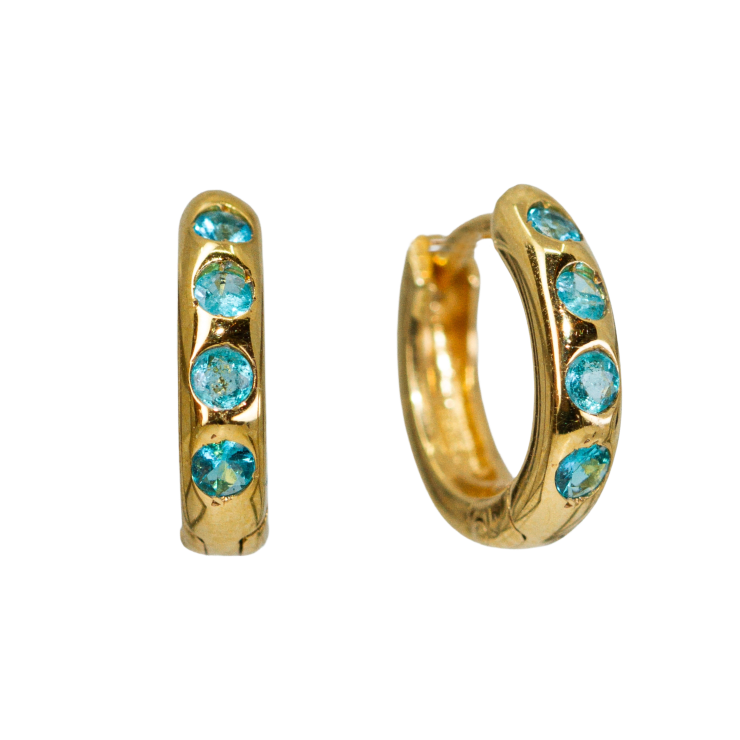 18k yellow gold hoops with Paraiba tourmaline by 14k white gold cross hoops by Fringe Gallery jeweler Loree Rodkin