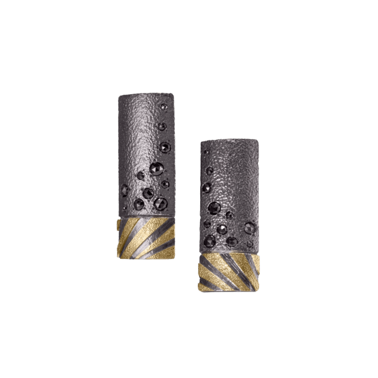 Silver Cylinder Earrings with Black Diamonds by Fringe Gallery studio jeweler Elizabeth Garvin