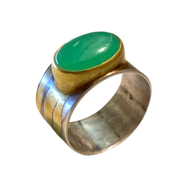 Large Chrysoprase Oval Cabochon Ring by Fringe Gallery studio jeweler Marki Knopp