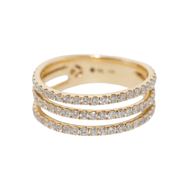 14k yellow gold triple band ring with gray diamonds by Fringe Gallery jeweler Loree Rodkin