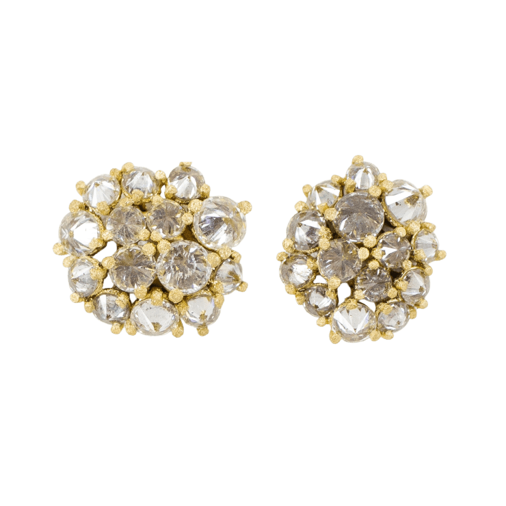 Yellow gold earrings with prong-set inverted round diamonds by Fringe Gallery studio jeweler Todd Pownell
