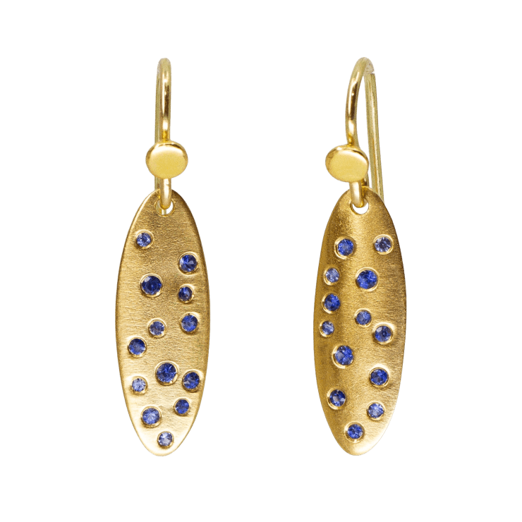22k and 20k yellow gold Blue Sapphire Dusted Petal Earrings by Fringe Gallery studio jeweler Nanci Modica