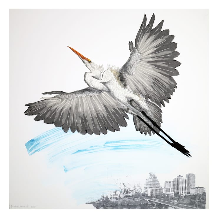 Embroidery, textile, and mixed media bird flying over a city with a blue accent by slate gray gallery artist Karen Nicol