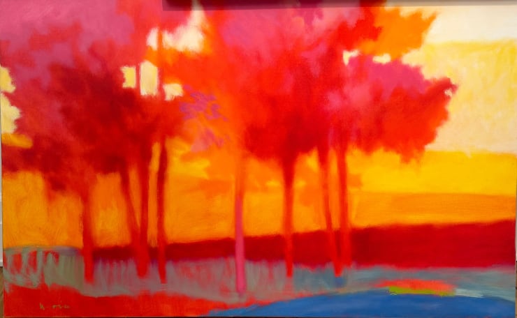 Across Woodland Park Pond, an oil abstract forest landscape by slate gray gallery artist Marshall Noice