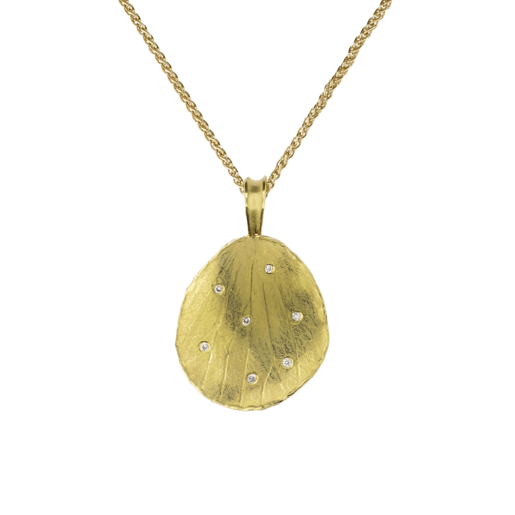 18kt yellow gold petal necklace with diamonds on 16" chain by Fringe Gallery studio jeweler Barbara Heinrich