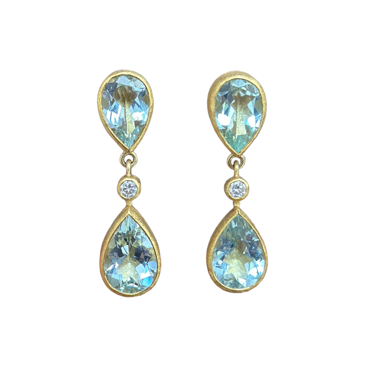 22k yellow gold faceted aquamarine drop earrings with diamonds by Fringe Gallery studio jeweler Petra Class