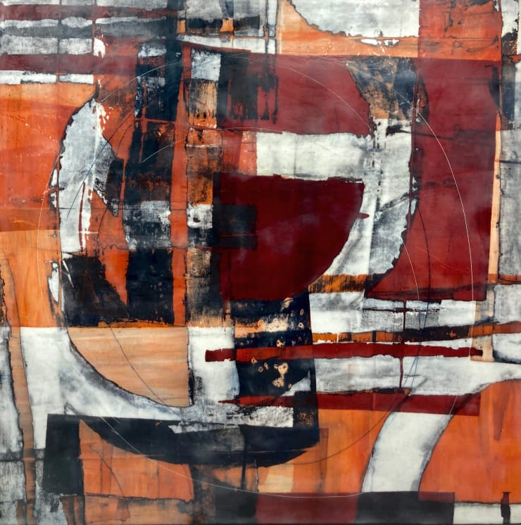 "The Distance Between", a warm tone mixed media encaustic painting by Fringe Gallery artist Judith Kohin