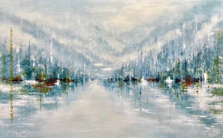 "Hints of Spring" an acrylic painting of a very soft abstract landscape by slate gray gallery artist Gina Sarro