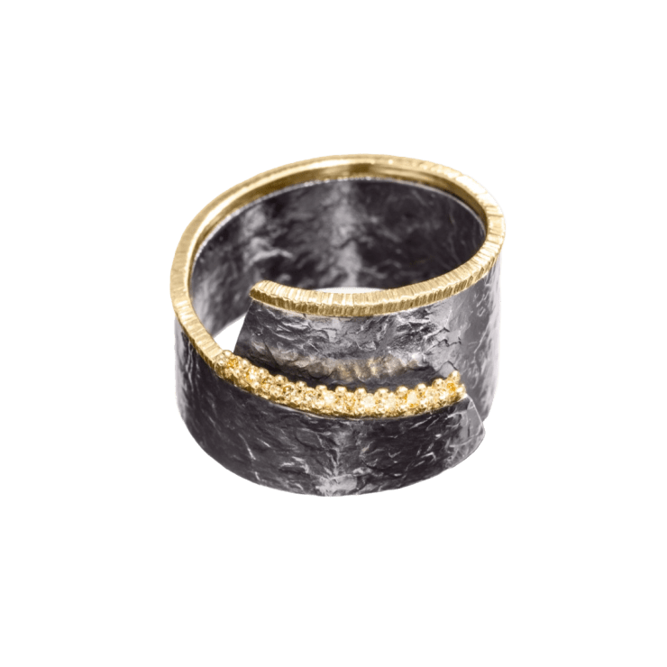 Silver Ring with Gold Trim and Yellow Diamonds by Fringe Gallery studio jeweler Elizabeth Garvin