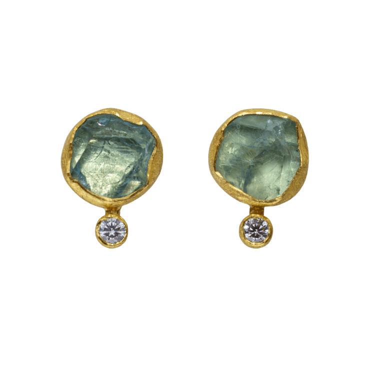 22k and 18k yellow gold stud earrings bezel set rough aquamarine and diamonds by Fringe Gallery studio jeweler Petra Class.