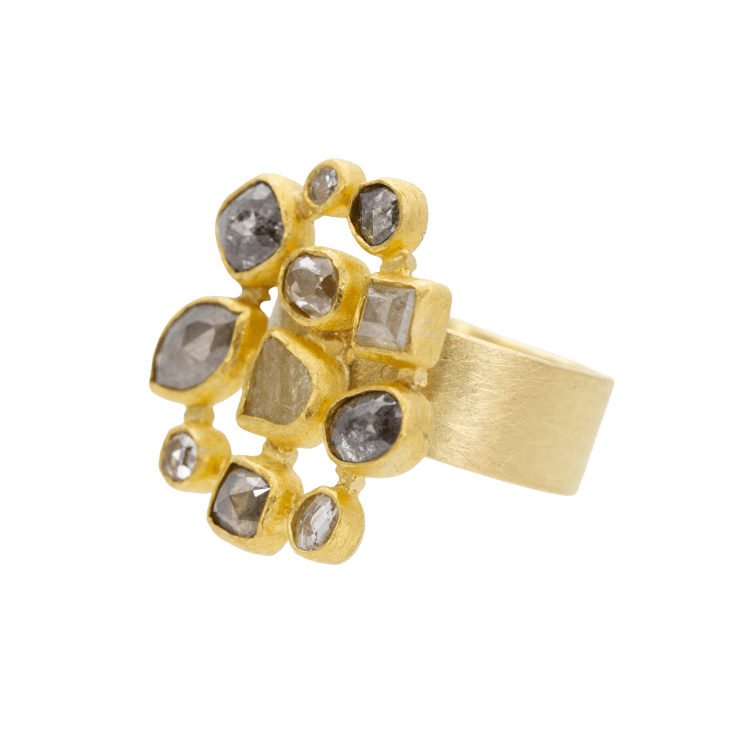 22k and 18k yellow gold ring with bezel set faceted and rough diamonds by Fringe Gallery studio jeweler Petra Class