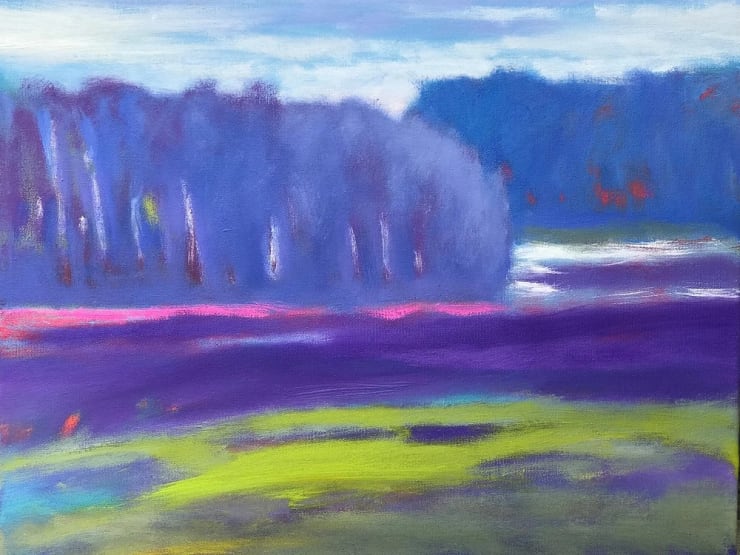 "River View Greens", an abstract forest landscape oil painting by Slate Gray Gallery Artist Marshall Noice