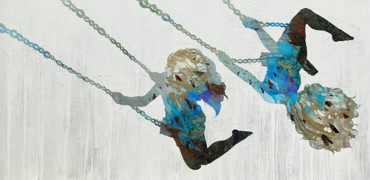 Acrylic and oil painting of the silhouettes of two children swinging by Slate Gray Gallery artist Christopher Peter