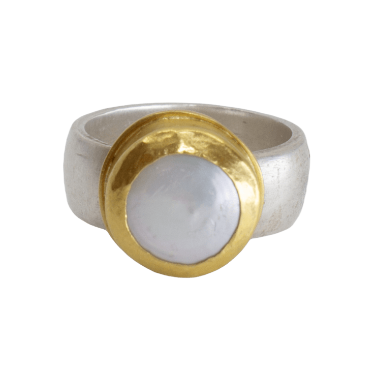 Round Coin Pearl Ring by Fringe Gallery studio jeweler Marki Knopp