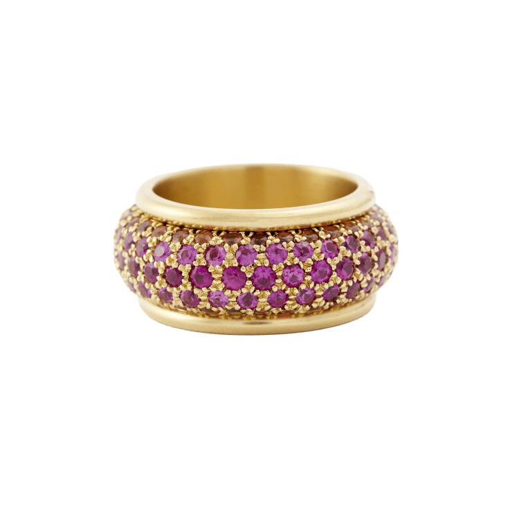 Orange, pink and deep pink sapphire big bubble band ring by Fringe Gallery studio jeweler Nanci Modica